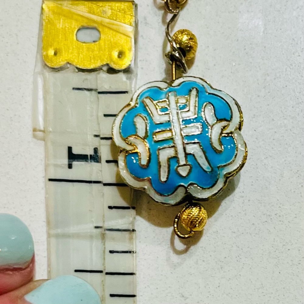 Vintage Cloisonné Enamel Necklace – Robin’s-Egg Blue & Gold Longevity Symbol - Picture 7 of 11